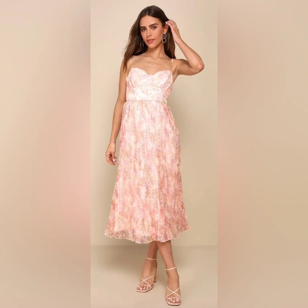 NWT Finest Endeavor Blush Pink Floral Dress Pleated Bustier Midi Dress - Picture 3 of 5